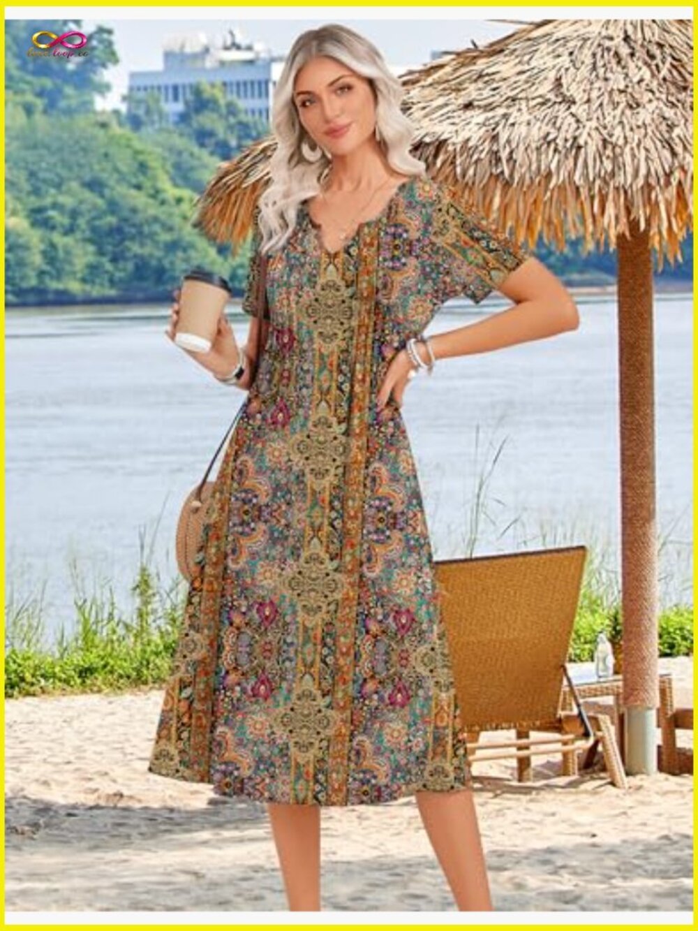 Casual Short Sleeve A-Line Midi Dress With Pockets Flowy Pleated T-Shirt Dress - Picture 4 of 7